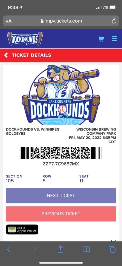 You can now see the barcode in which we will scan for your entry into the game. If you have multiple seats, you will choose Next Ticket to get scanned. You can also add your tickets to your apple wallet.