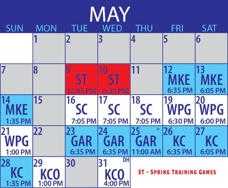 May 2023 Schedule with Spring training games