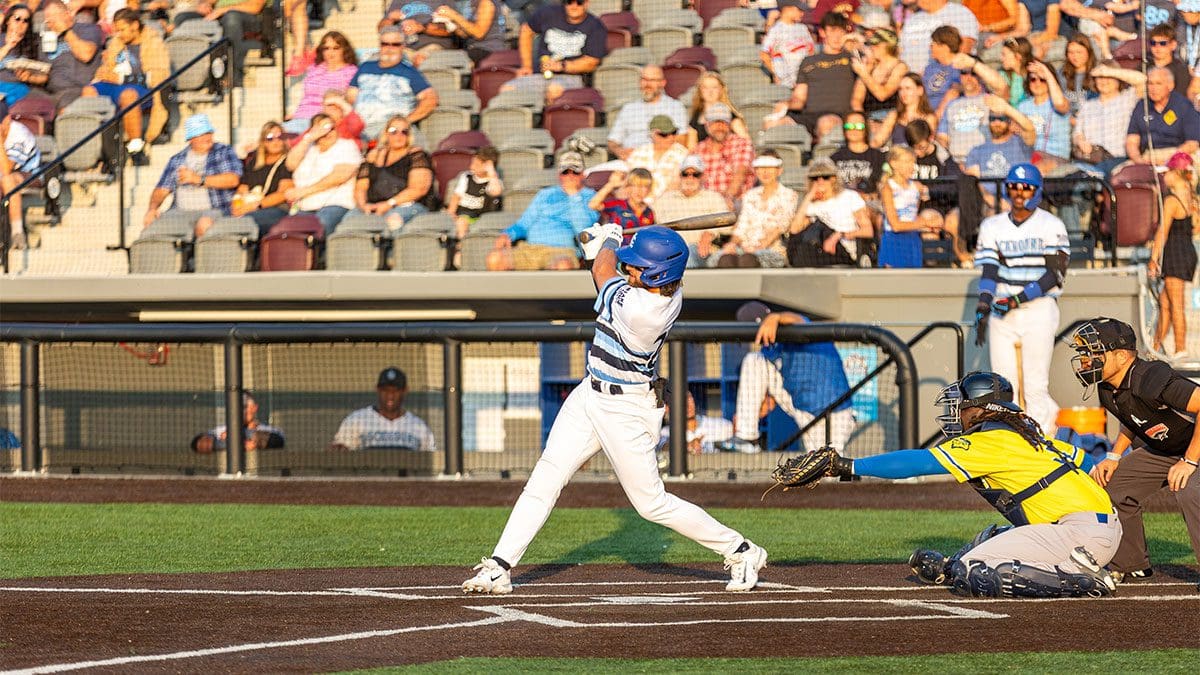 Blake Tiberi at the plate in a late July game at Wisconsin Brewing Company Park