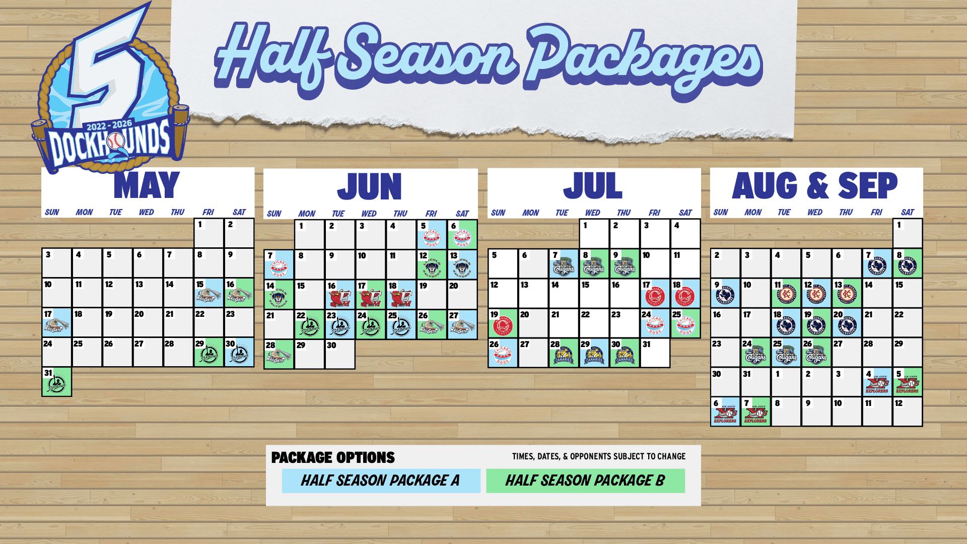 2026 schedule displaying the games included in each of the half season ticket packages